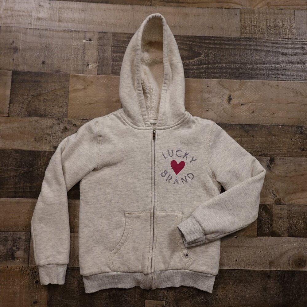 Lucky Brand Girls’ Sherpa‎ Lined Zip Hoodie Medium 10/12 Gray Heart Logo